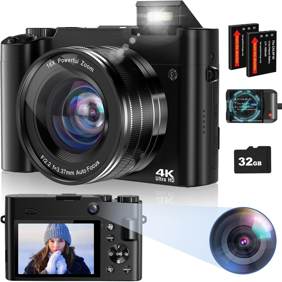 4K 64MP Digital Camera Autofocus Vlogging Selfie Camera 32GB Zoom Kit