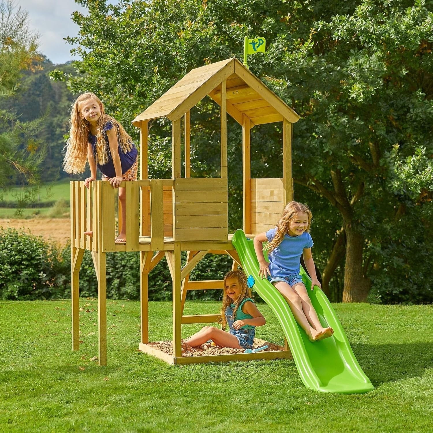 Wooden Treehouse Play Tower with Slide Two Storey Outdoor Kids