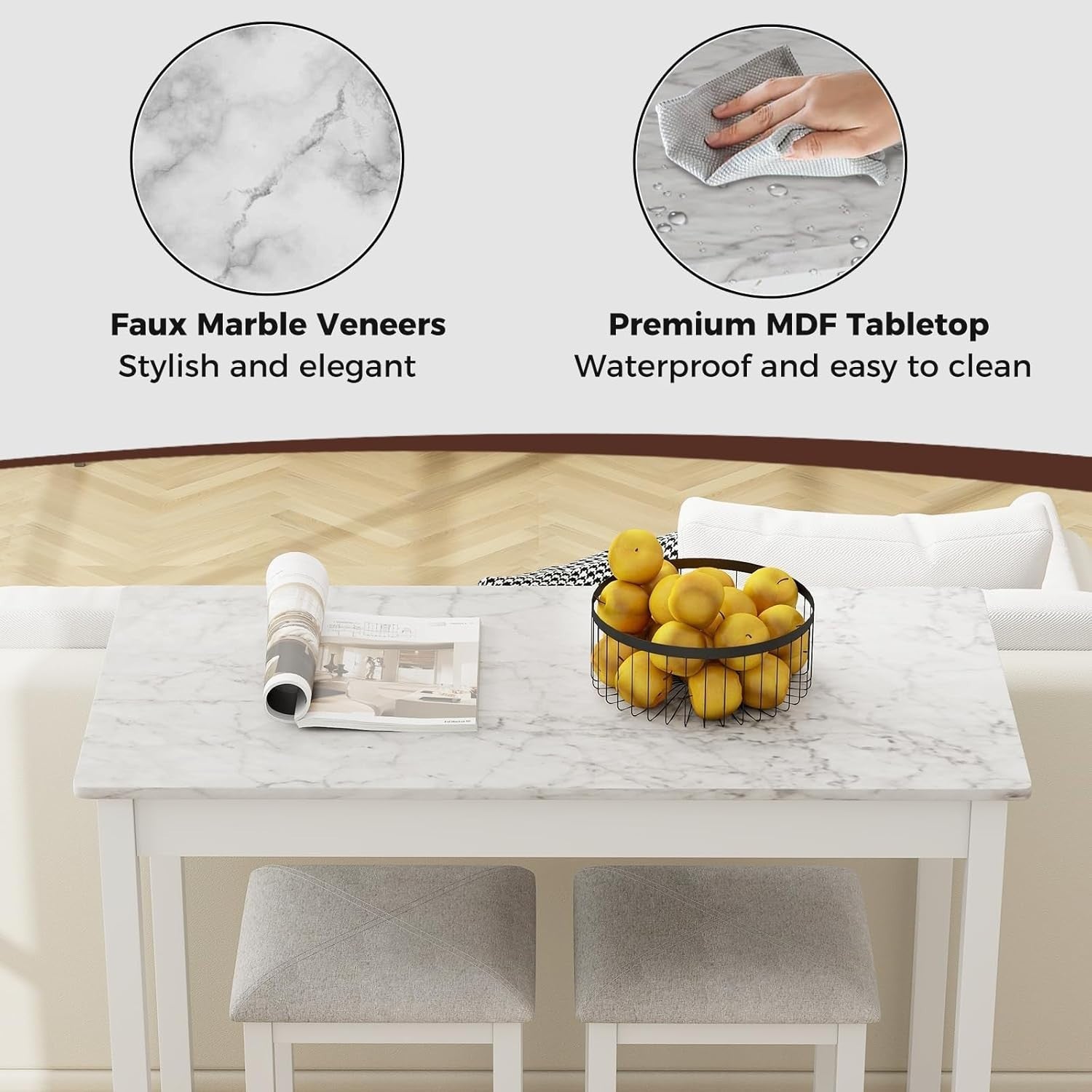 3PCS Dining Table Set Bar Table Faux Marble Top with 2 Padded Stools White Grey