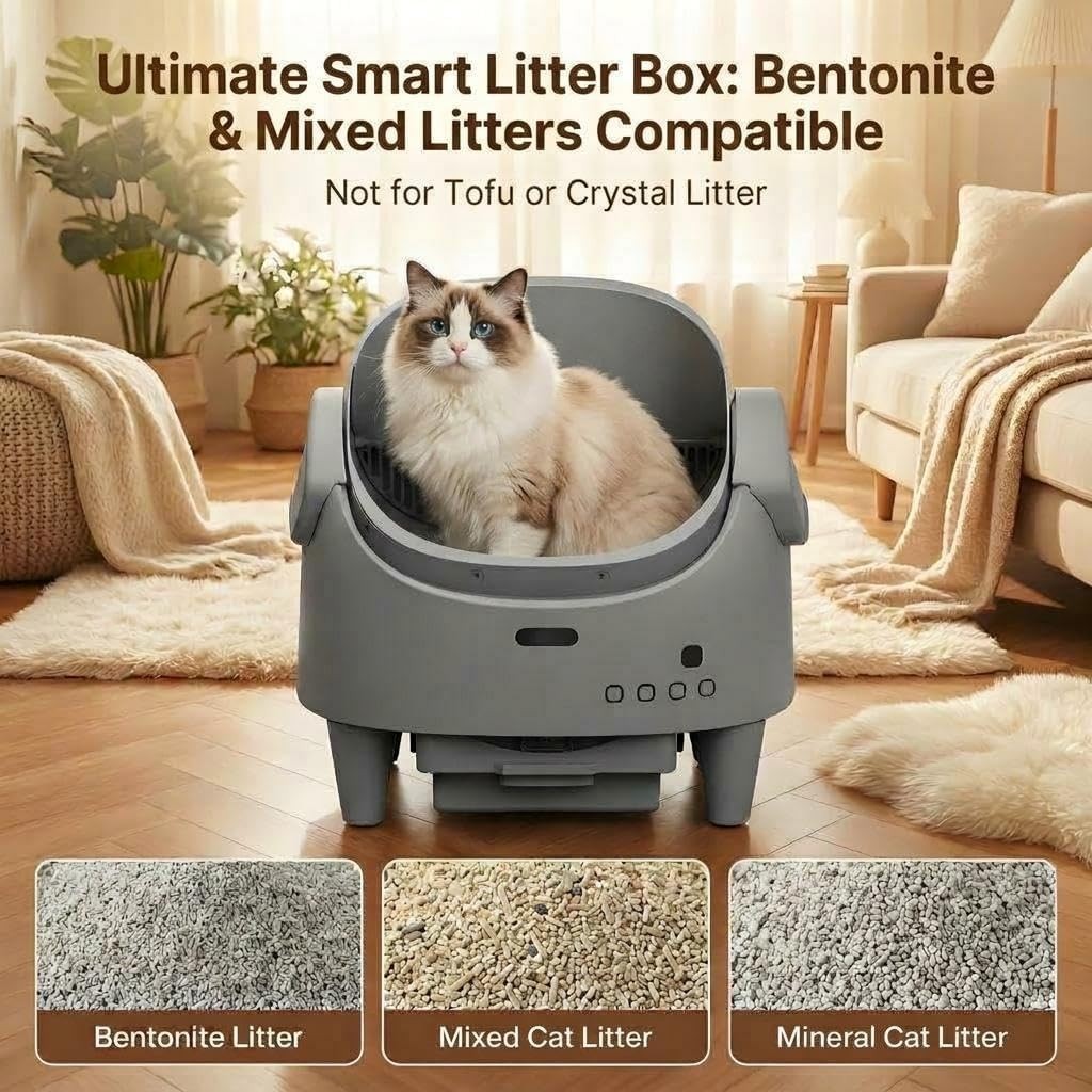 Self Cleaning Cat Litter Box APP Monitor Auto Open Top Grey XL