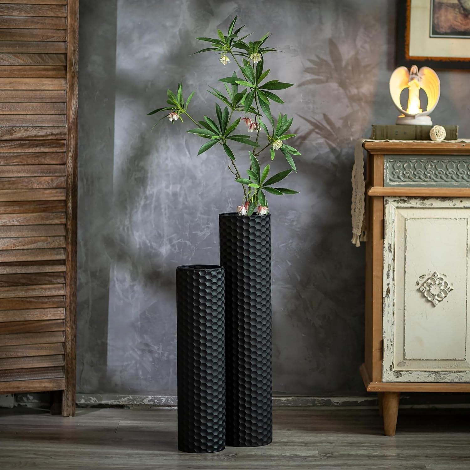 Large Floor Vase Set of 2 Black Metal Standing Vases Modern Home Decor
