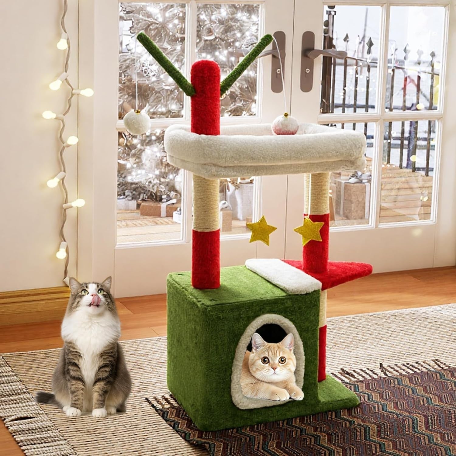 Christmas Cat Tree 79cm Festive Scratching Tower with Condo Toys Red Green