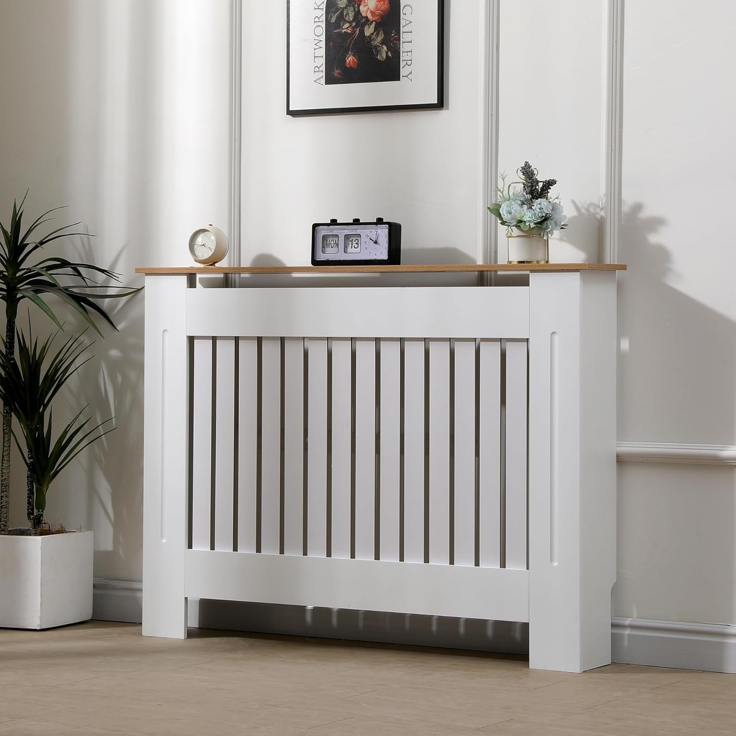Medium White Oak Radiator Cover | Modern MDF Vertical Slat Cabinet