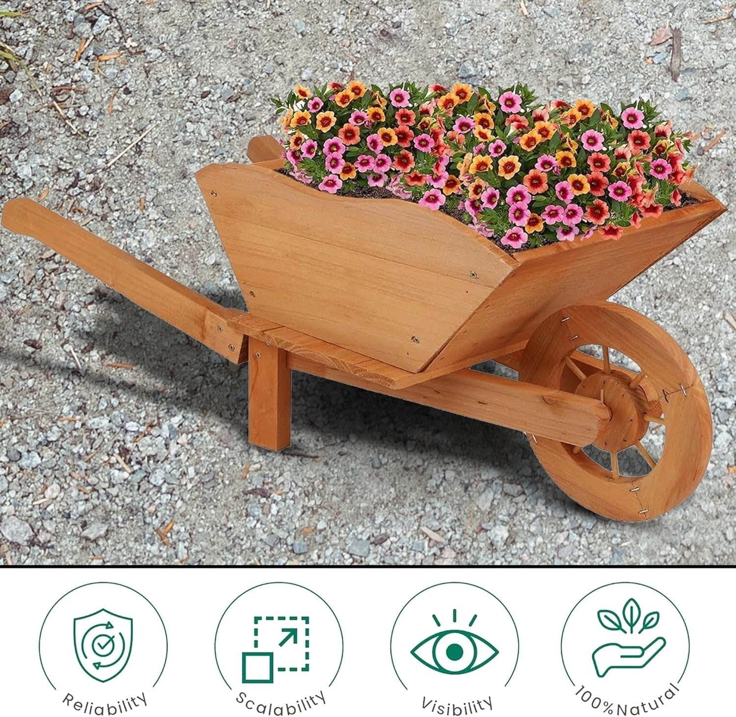 Large Wooden Garden Wheelbarrow Planter – Rustic Brown Design w/ Handles & Wheel