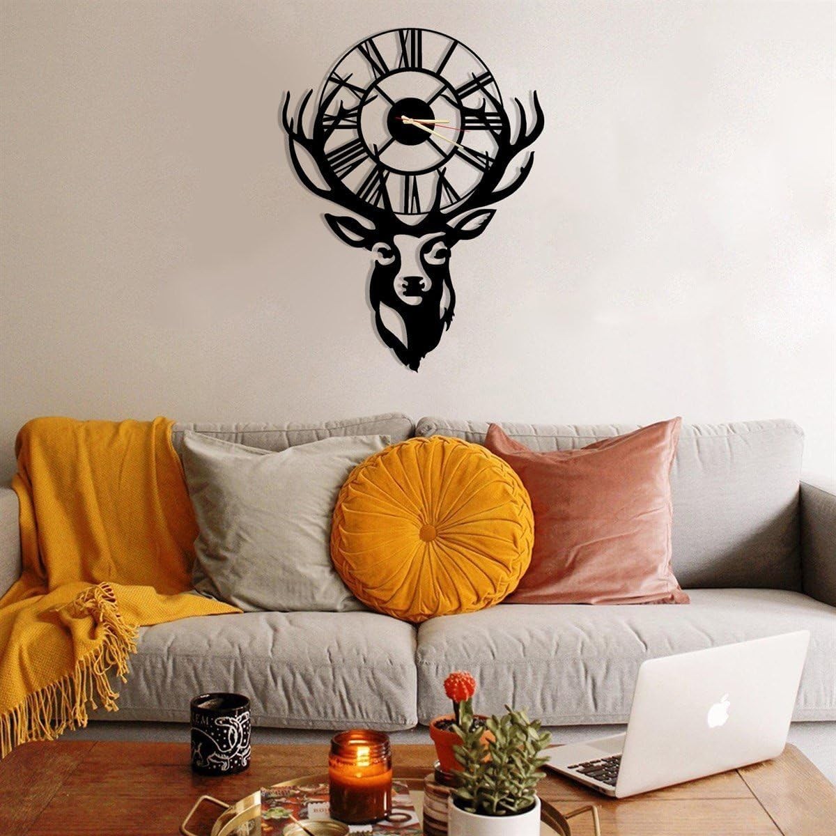 Large Deer Head Wall Clock 90x68cm Silent Quartz Metal Antler Decor