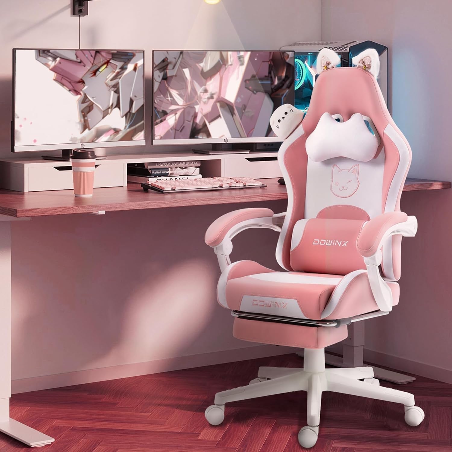 Cute Cat Ear Gaming Chair Massage Lumbar Footrest Pink 290lbs