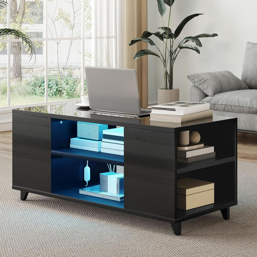 High Gloss Black Coffee Table with Storage & RGB LED Light, 97.5x48x45cm