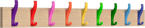 Rainbow Wall Mounted Coat Rack 9 Hooks | Oak Rail for Bags, Coats & Keys