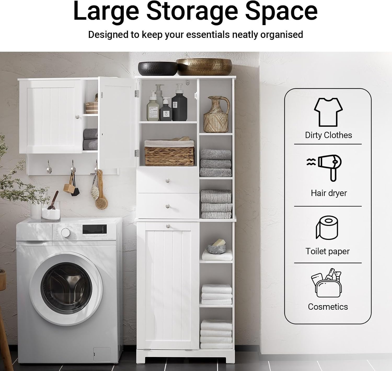 Tall Slim Bathroom Storage Cabinet with Laundry Basket Shelves White