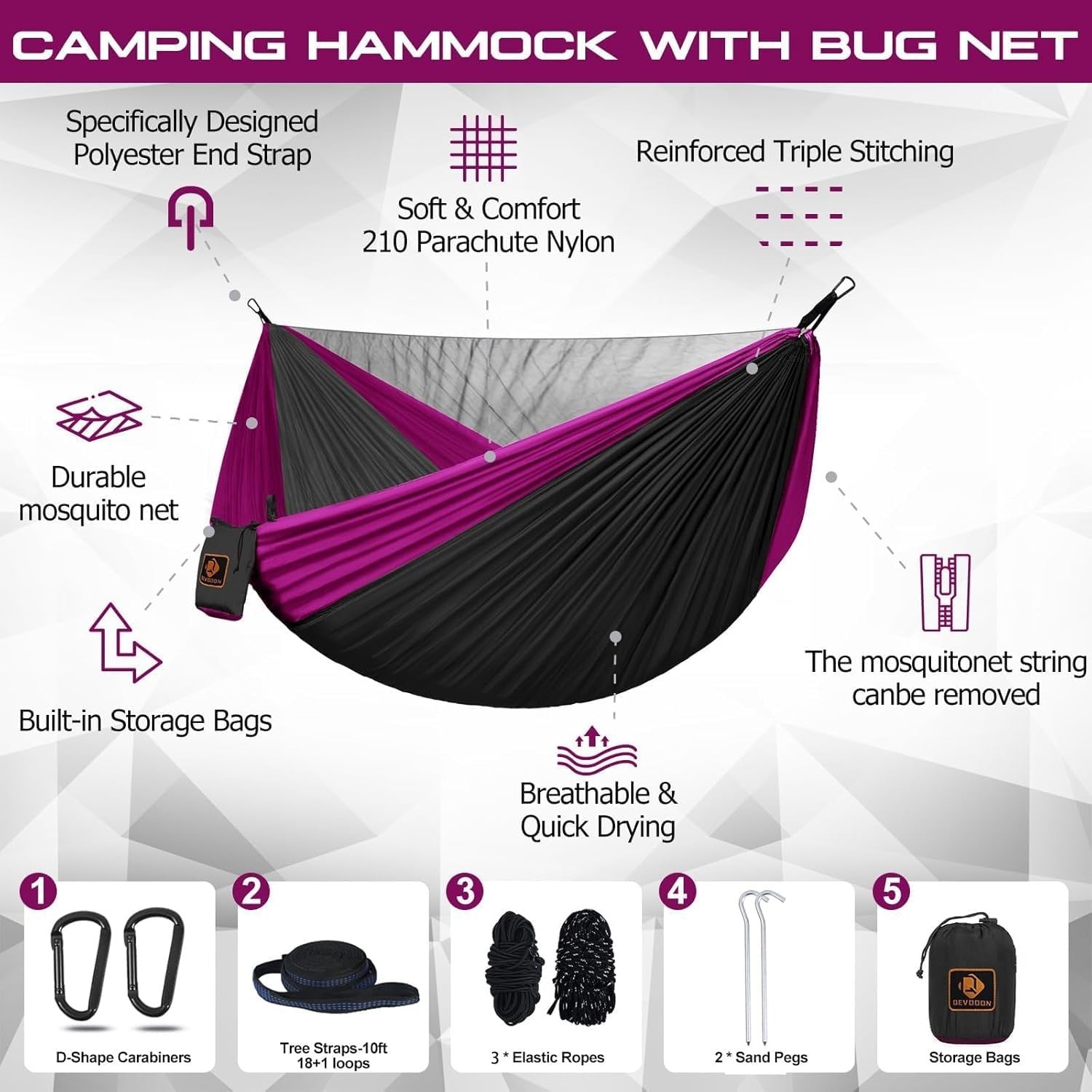 Camping Hammock with Mosquito Net Double Portable Nylon 500lbs Lightweight