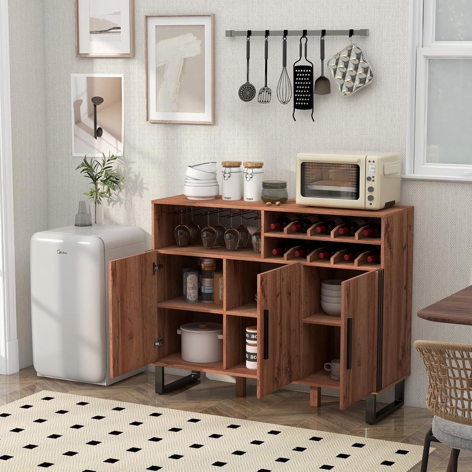 Rustic Sideboard Wine Bar Cabinet with 2-Tier Wine Rack & Glass Holder, 3 Door