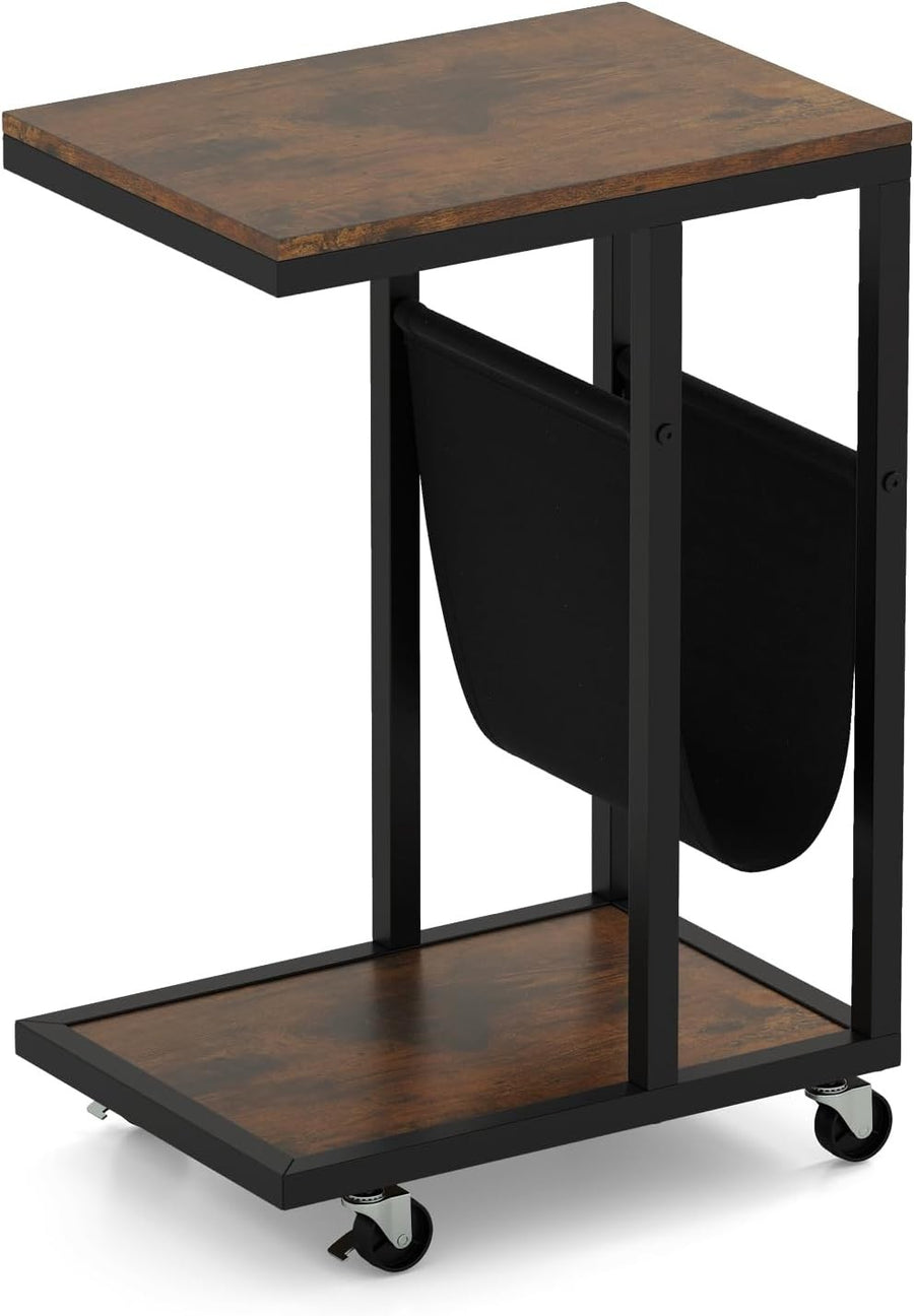 Rolling C-Shaped Side Table Rustic Brown | Sofa Laptop Table w/ Magazine Rack