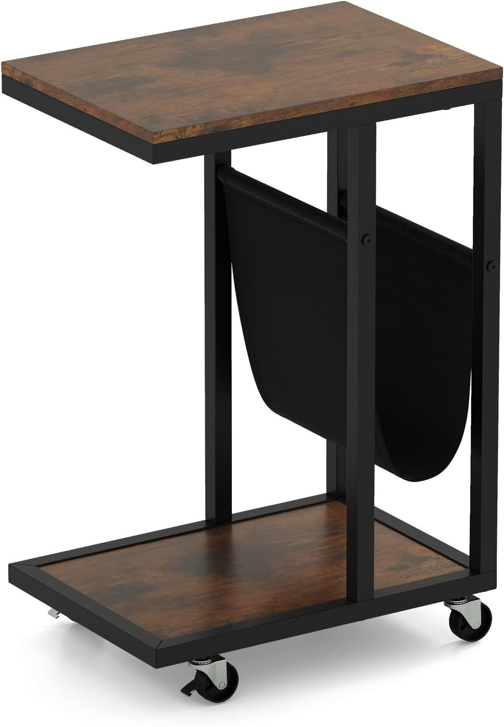 Rolling C-Shaped Side Table Rustic Brown | Sofa Laptop Table w/ Magazine Rack