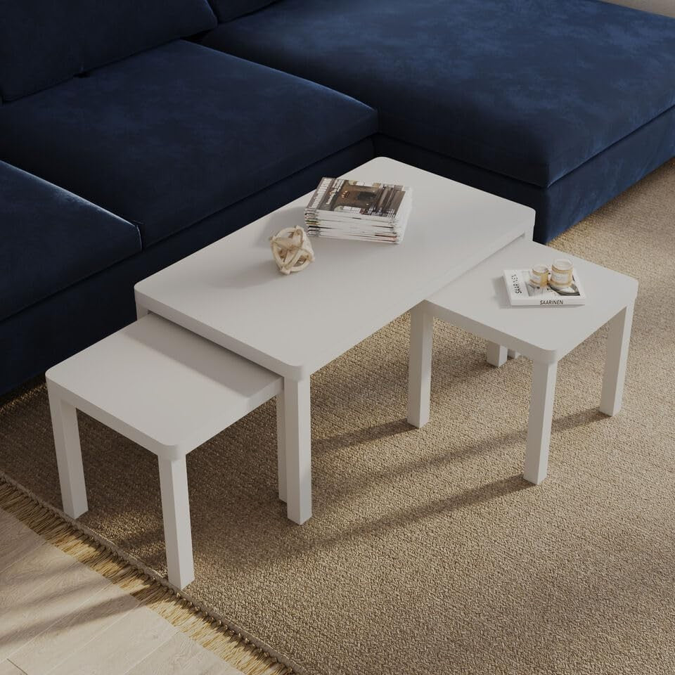White Space Saving Nesting Coffee Table Set 3: Large Rectangular + 2 Square End