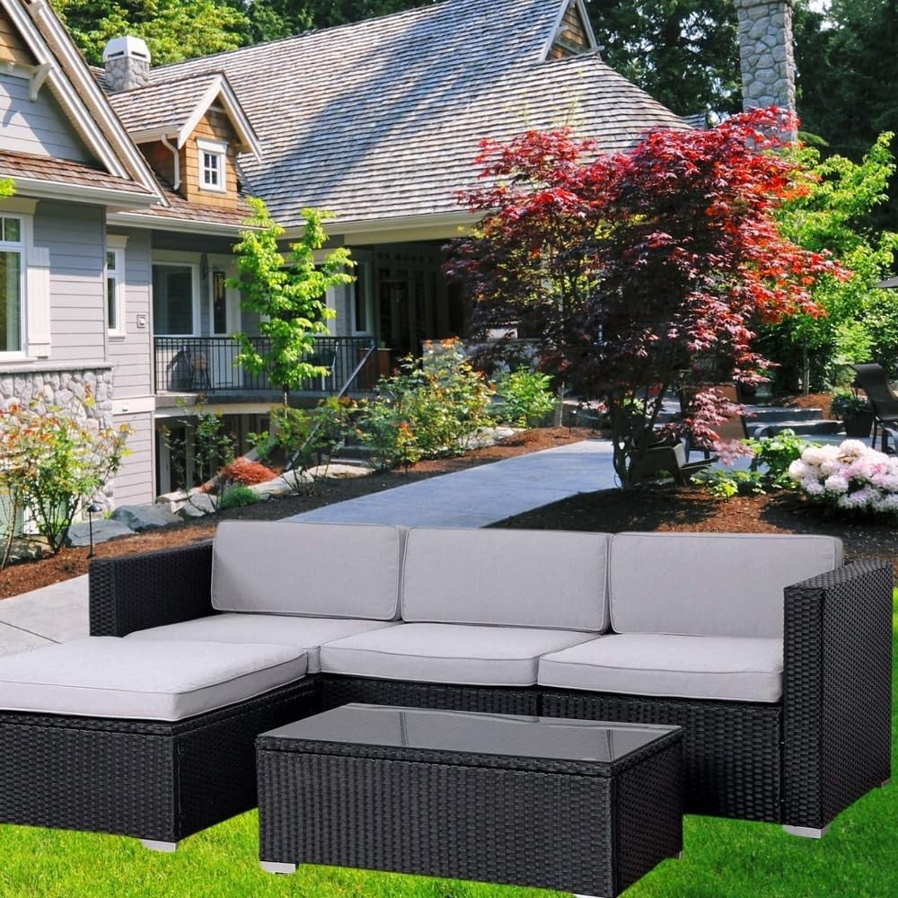 Outdoor Rattan Garden Sofa Set 5-Piece Patio Lounge Furniture with Cushions