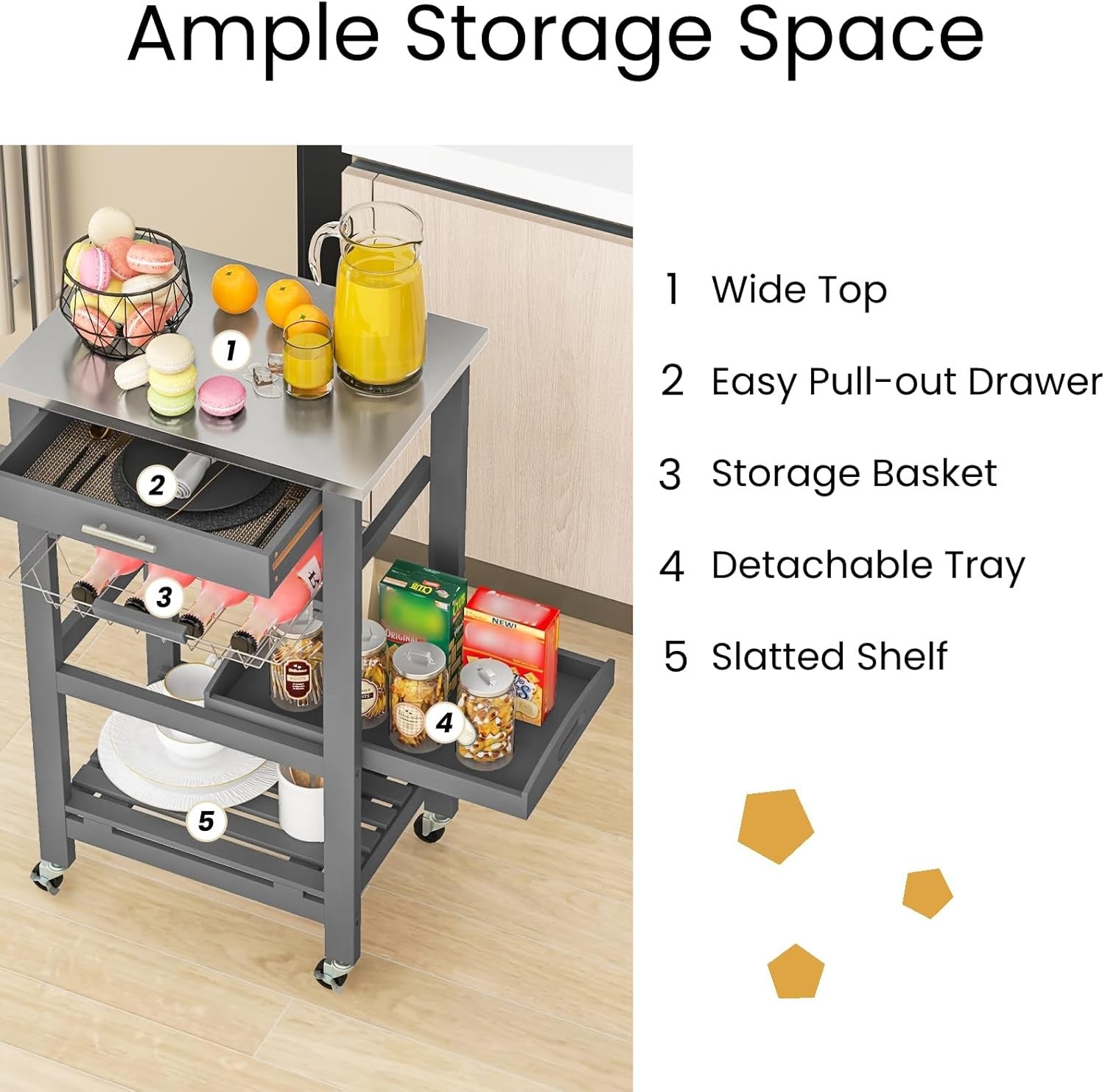 Kitchen Storage Trolley on Wheels with Drawer Wire Basket & 4 Tier Shelves