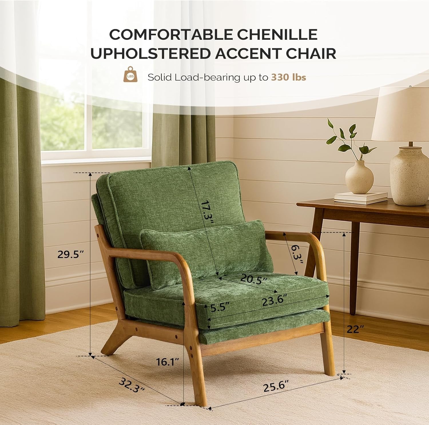 Olive Green Chenille Accent Chair – Solid Wood Lounge Armchair