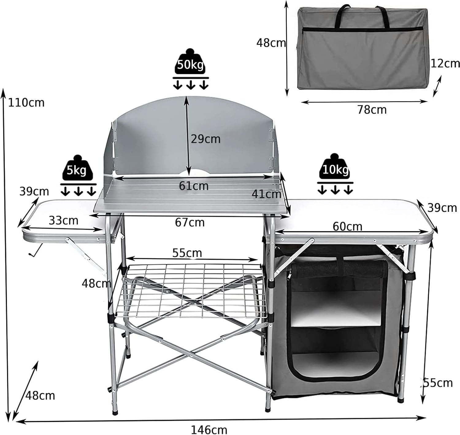 Folding Camping Kitchen Table BBQ Workstation with Windshield & Storage