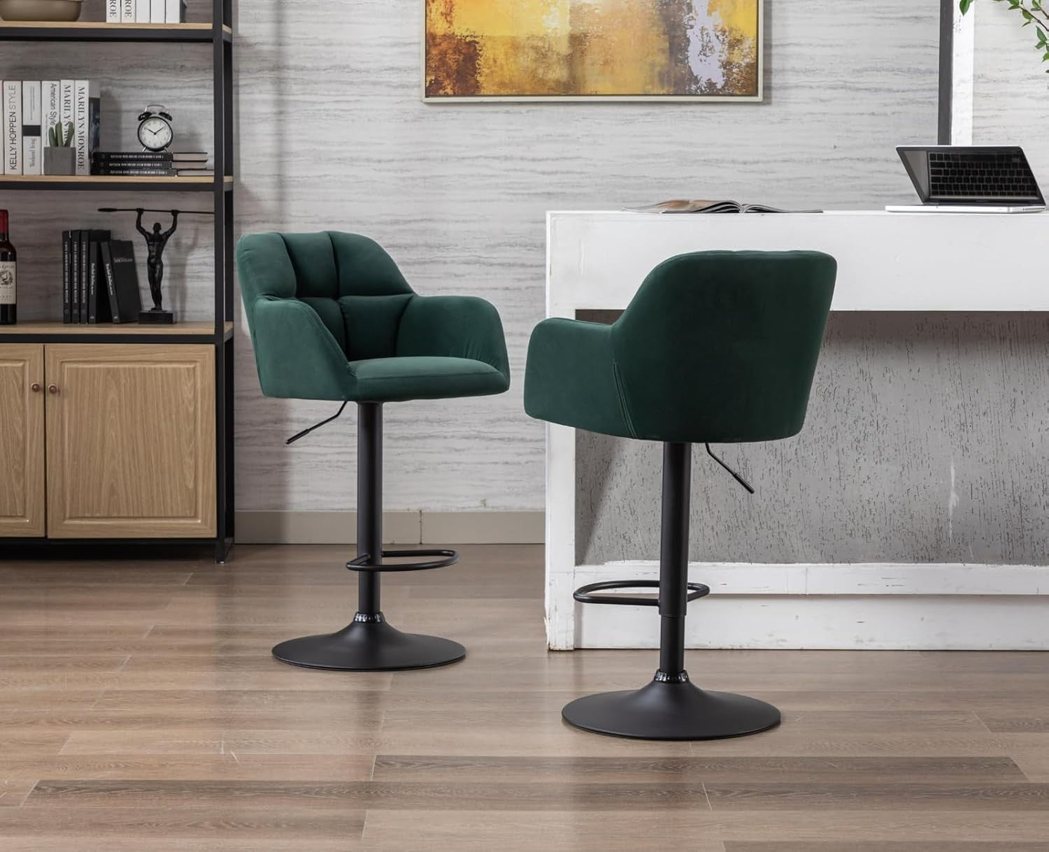 Set of 2 Green Velvet Swivel Bar Stools Adjustable Height Modern