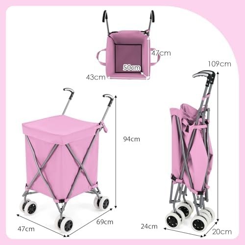90L Folding Shopping Trolley 8 Wheels Large Push Cart Waterproof Pink