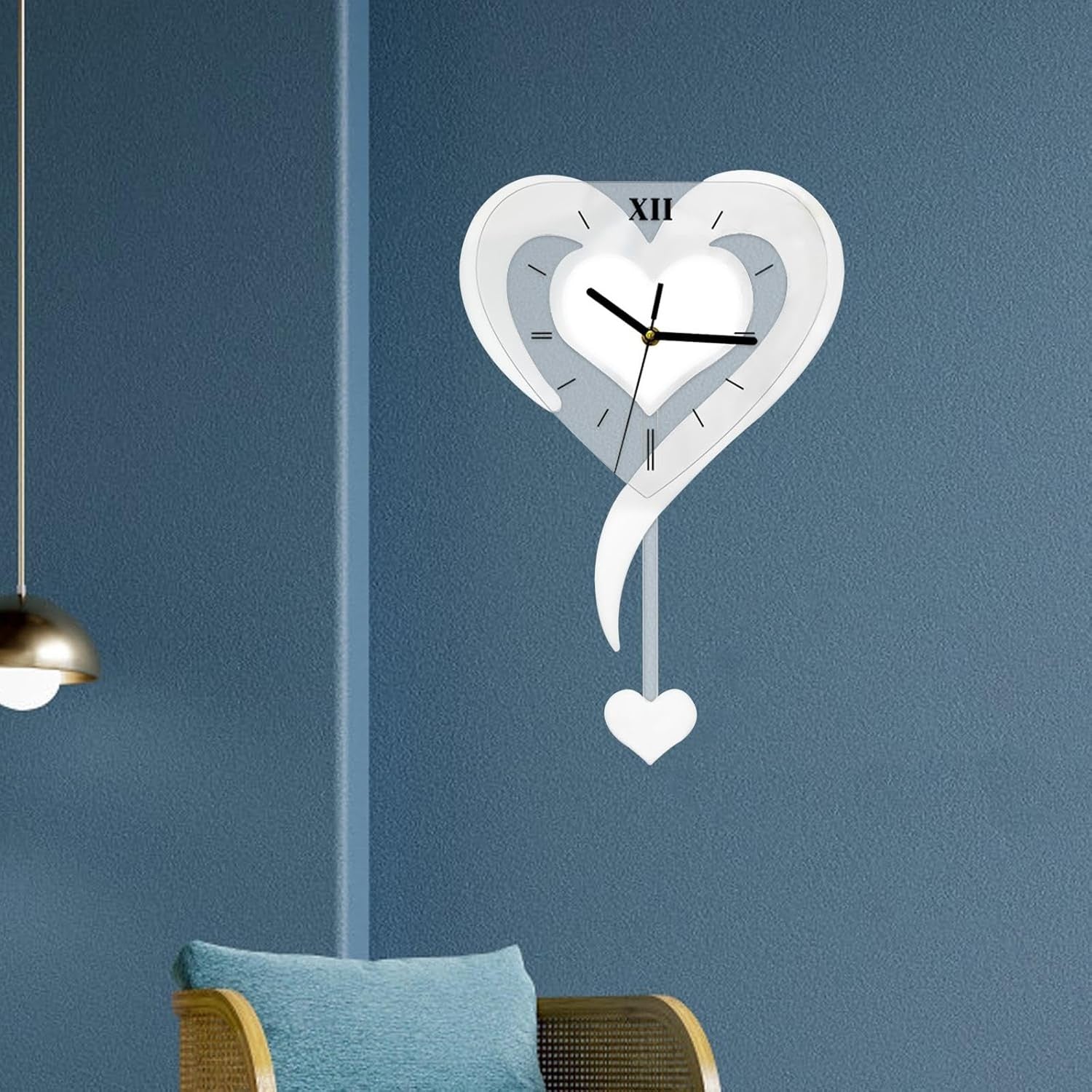 Silver Heart Wall Clock Modern Silent Acrylic Hanging Decor for Bedroom Office