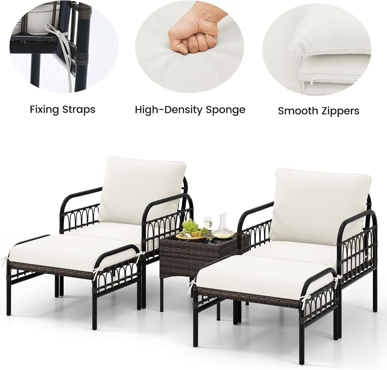 5PC Rattan Garden Furniture Set Armchairs Footstools Coffee Table Cushioned