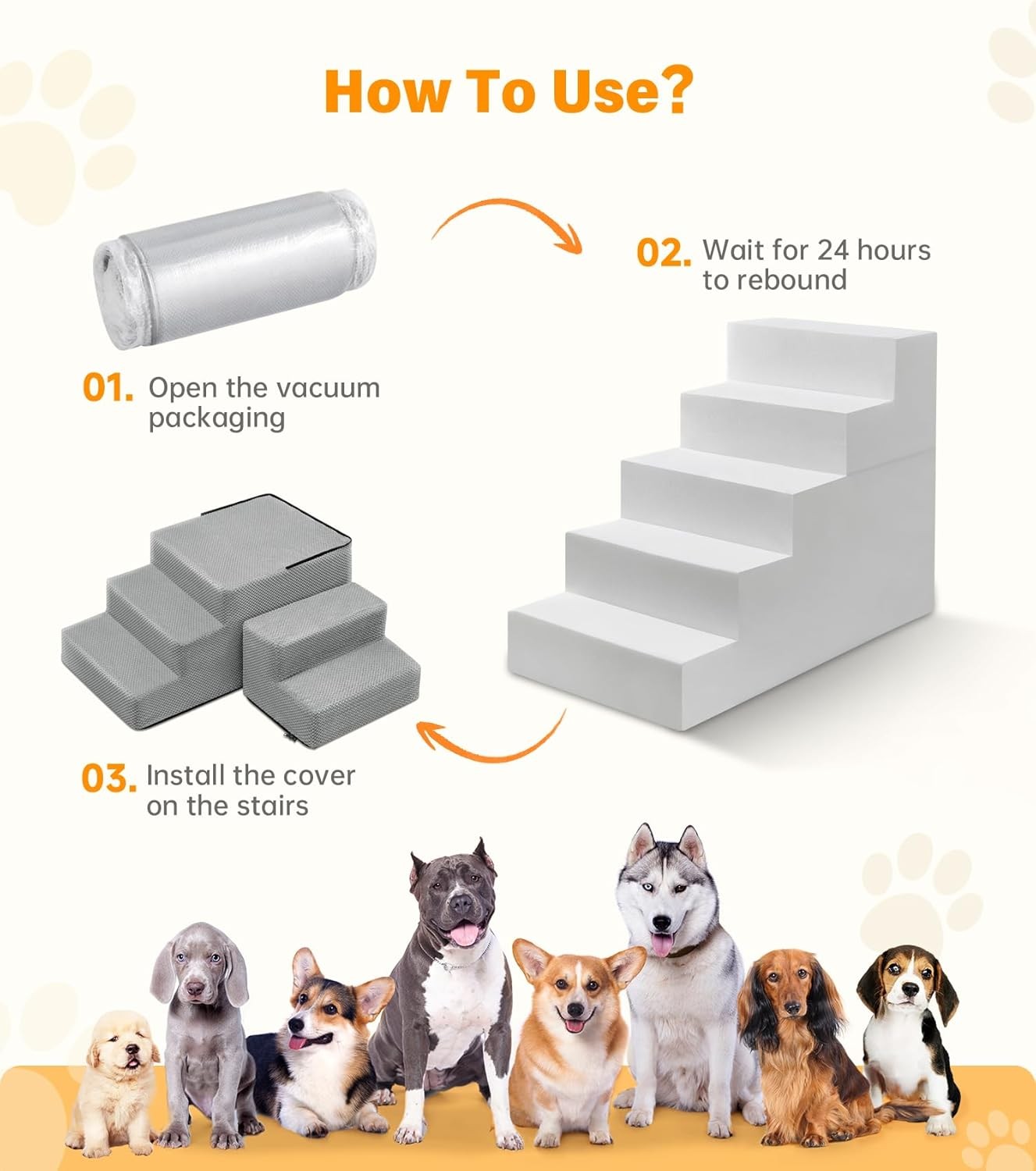 Grey 5 Step Dog Stairs Foldable Foam Pet Ramp 76x38x57cm
