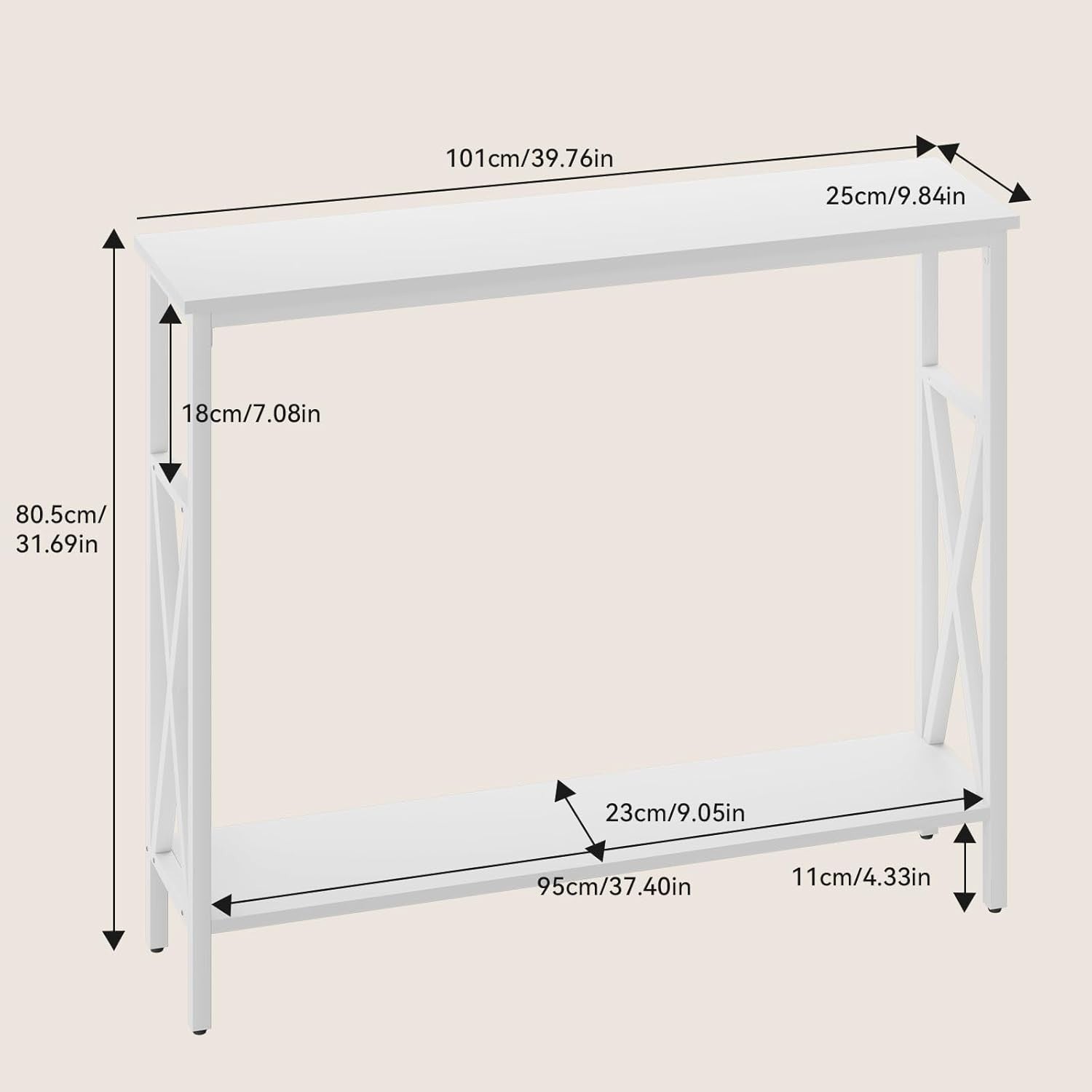 Compact Industrial Console Table with Adjustable Feet & Metal Frame, White