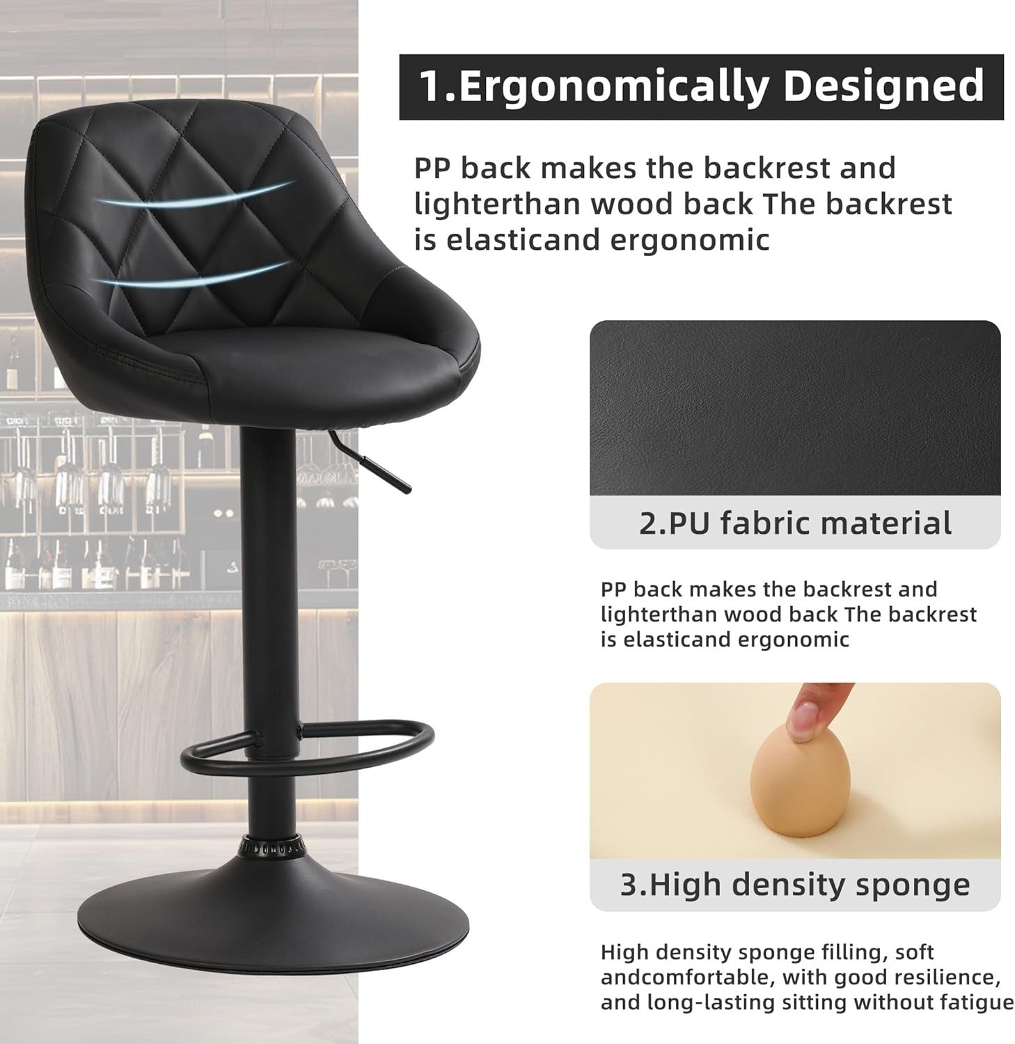 Adjustable Modern PU Leather Bar Stools with Footrest & Swivel – Black