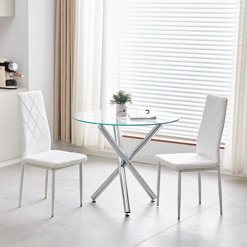 Round Glass Dining Table Set with 4 White Velvet Chairs – Compact & Stylish