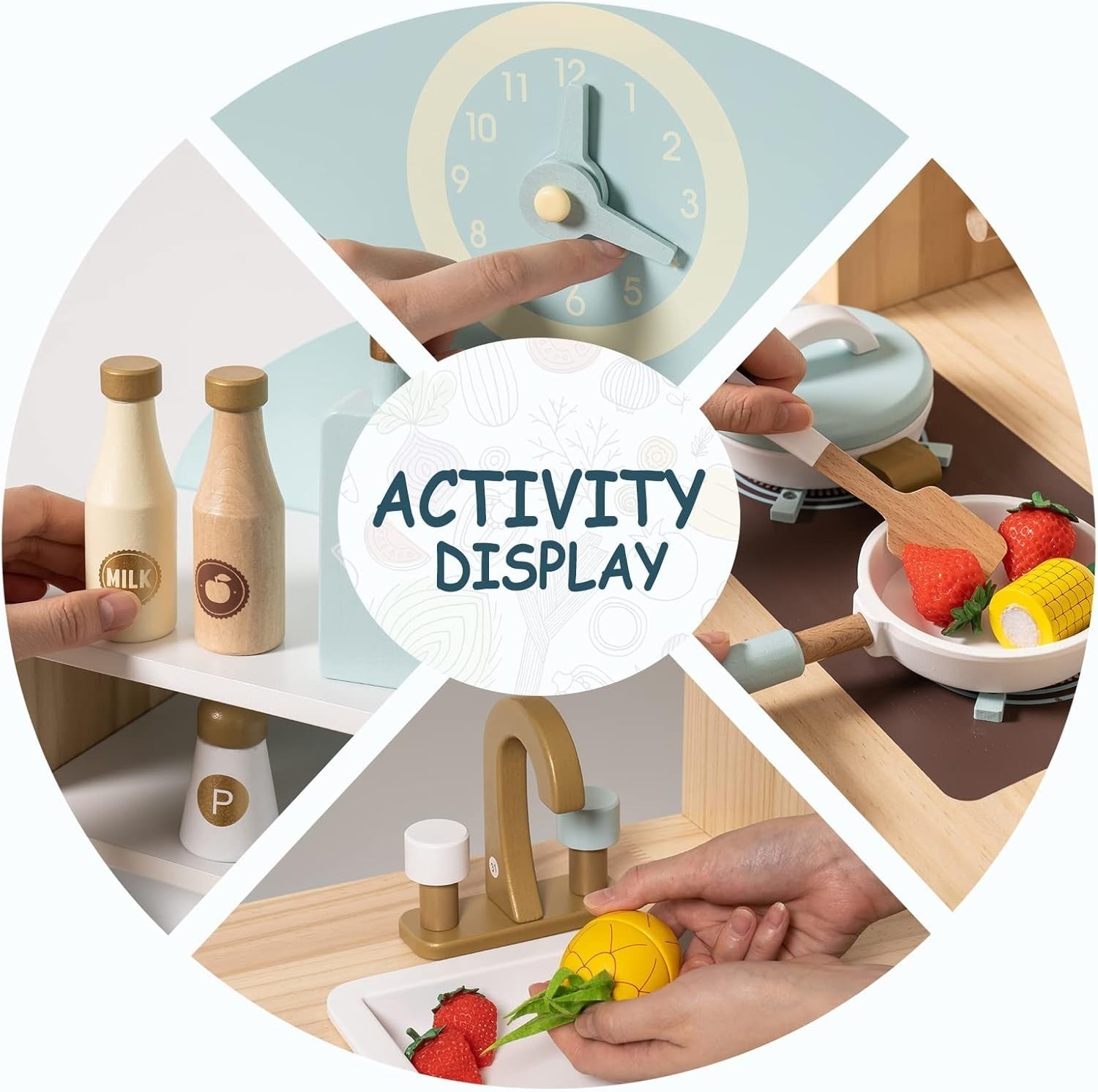 Kids Wooden Play Kitchen Set w/ Oven Microwave Blue Toy Kitchen
