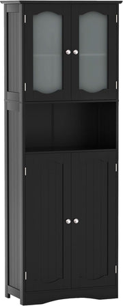 Black Wooden Tall Bathroom Cabinet with Glass Doors Adjustable Shelves