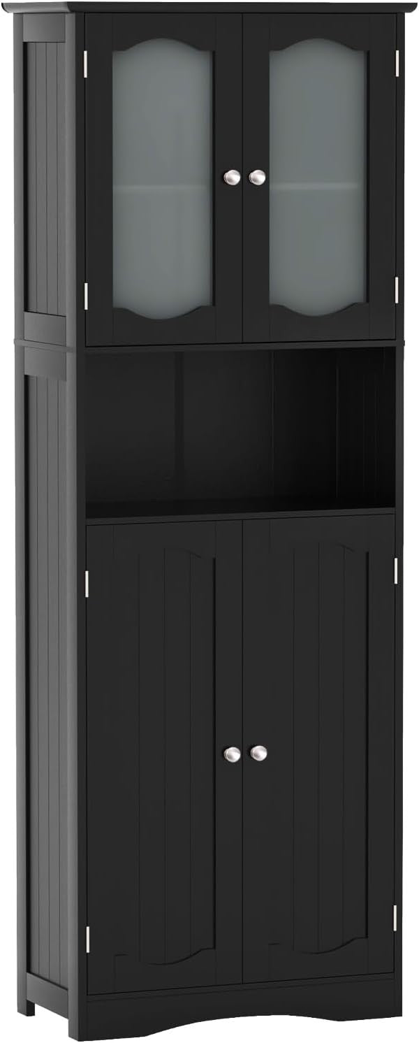 Black Wooden Tall Bathroom Cabinet with Glass Doors Adjustable Shelves