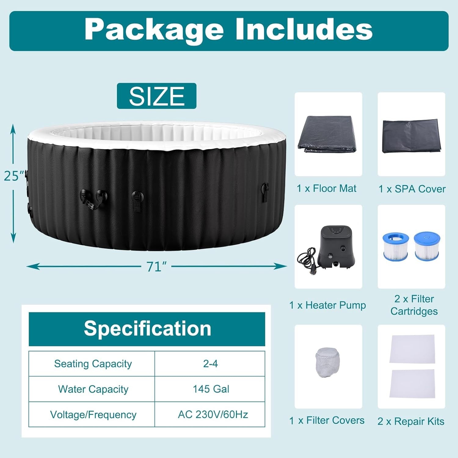 Inflatable Hot Tub Spa Heated Portable 2–4 Person Round Indoor Outdoor