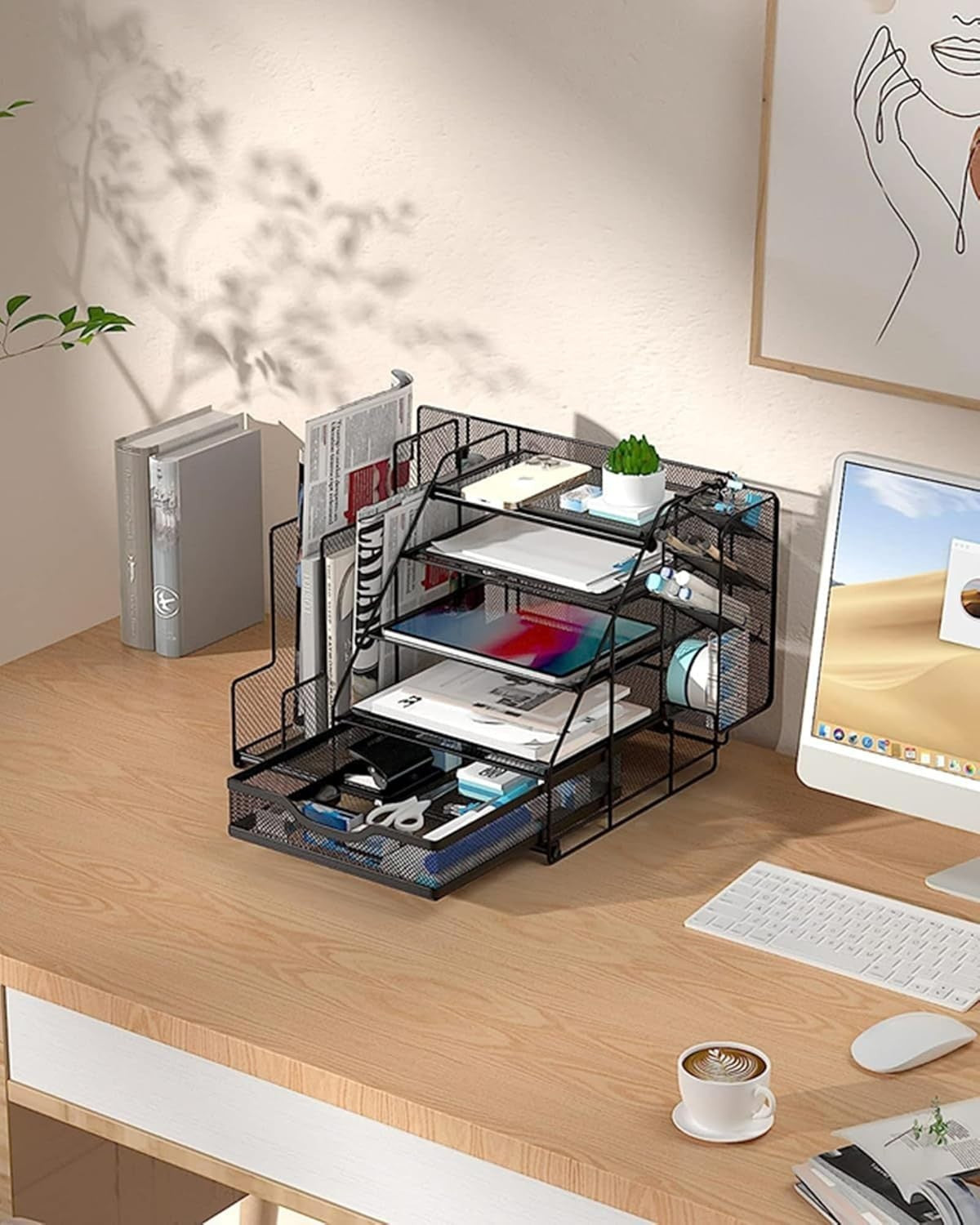 5-Tier Desk Organizer with File Holders, Drawer & Pen Storage – Metal Mesh