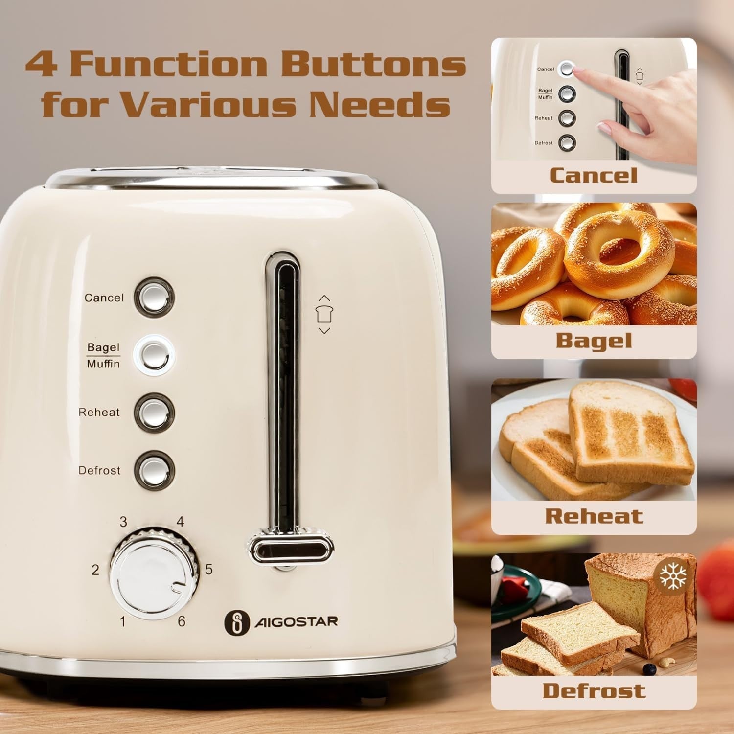 Retro 2-Slice Wide Slot Toaster Stainless Steel Cream 800W