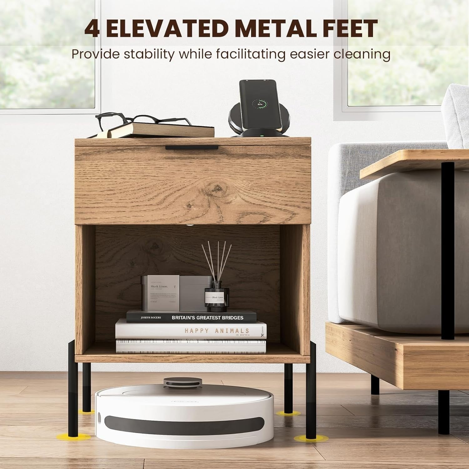 Wooden Bedside Table with Charging Station & Drawer – Modern Nightstand