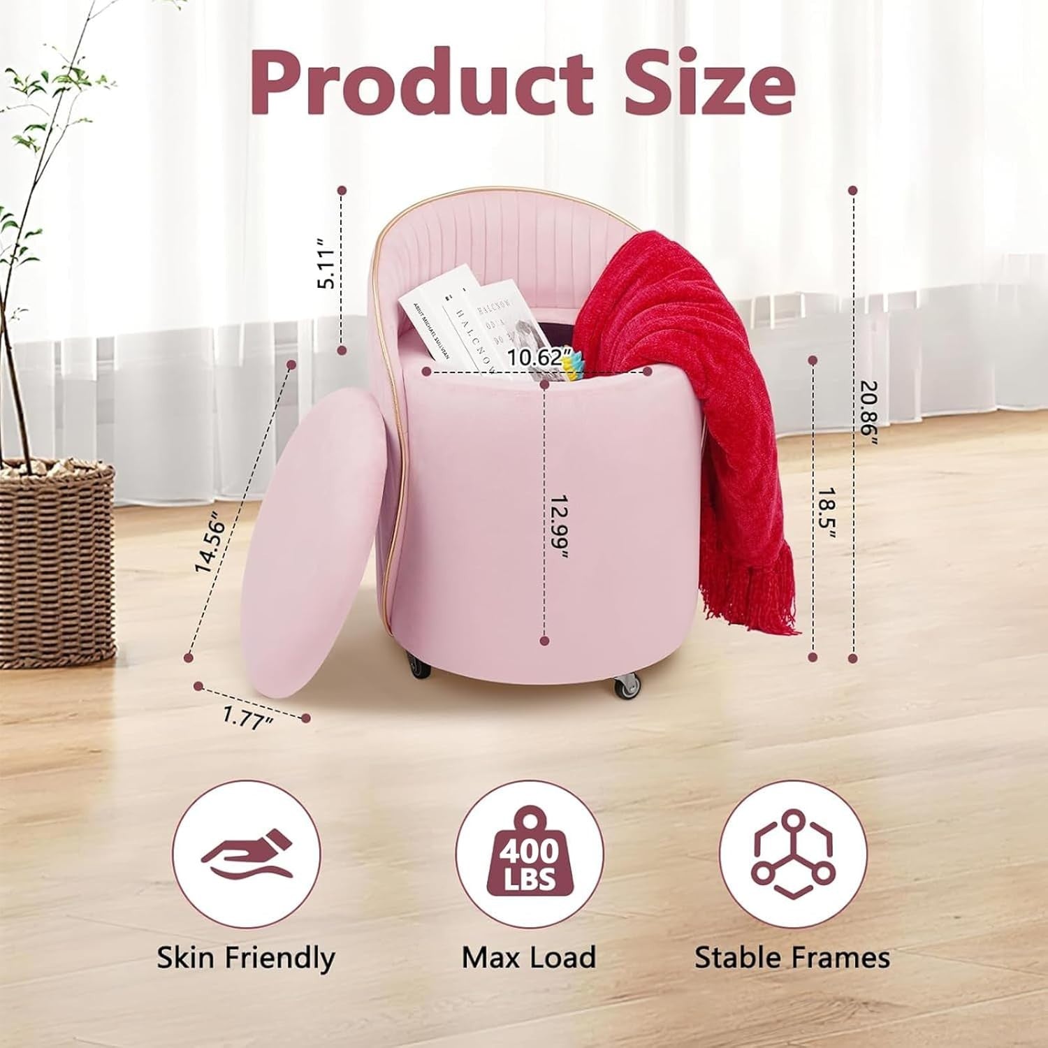 Pink Velvet Storage Ottoman Swivel Stool with Backrest & Wheels 37cm