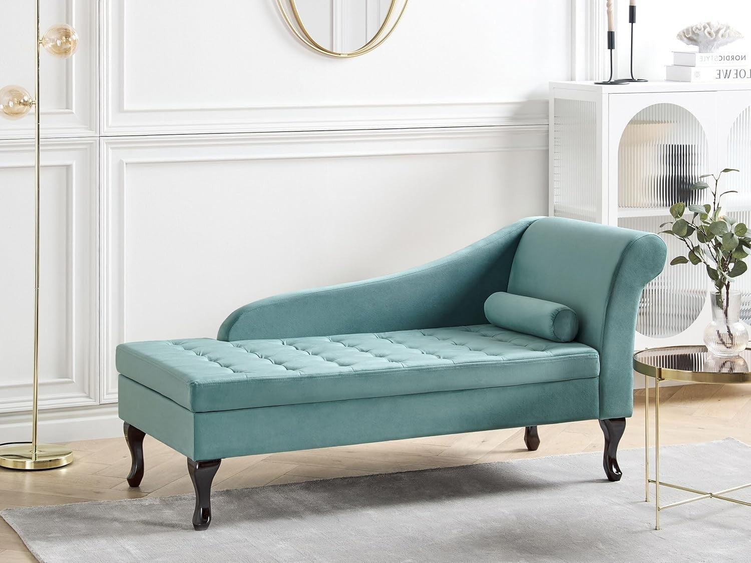 Velvet Right Hand Chaise Lounge with Storage & Cushion, Black Legs, Teal