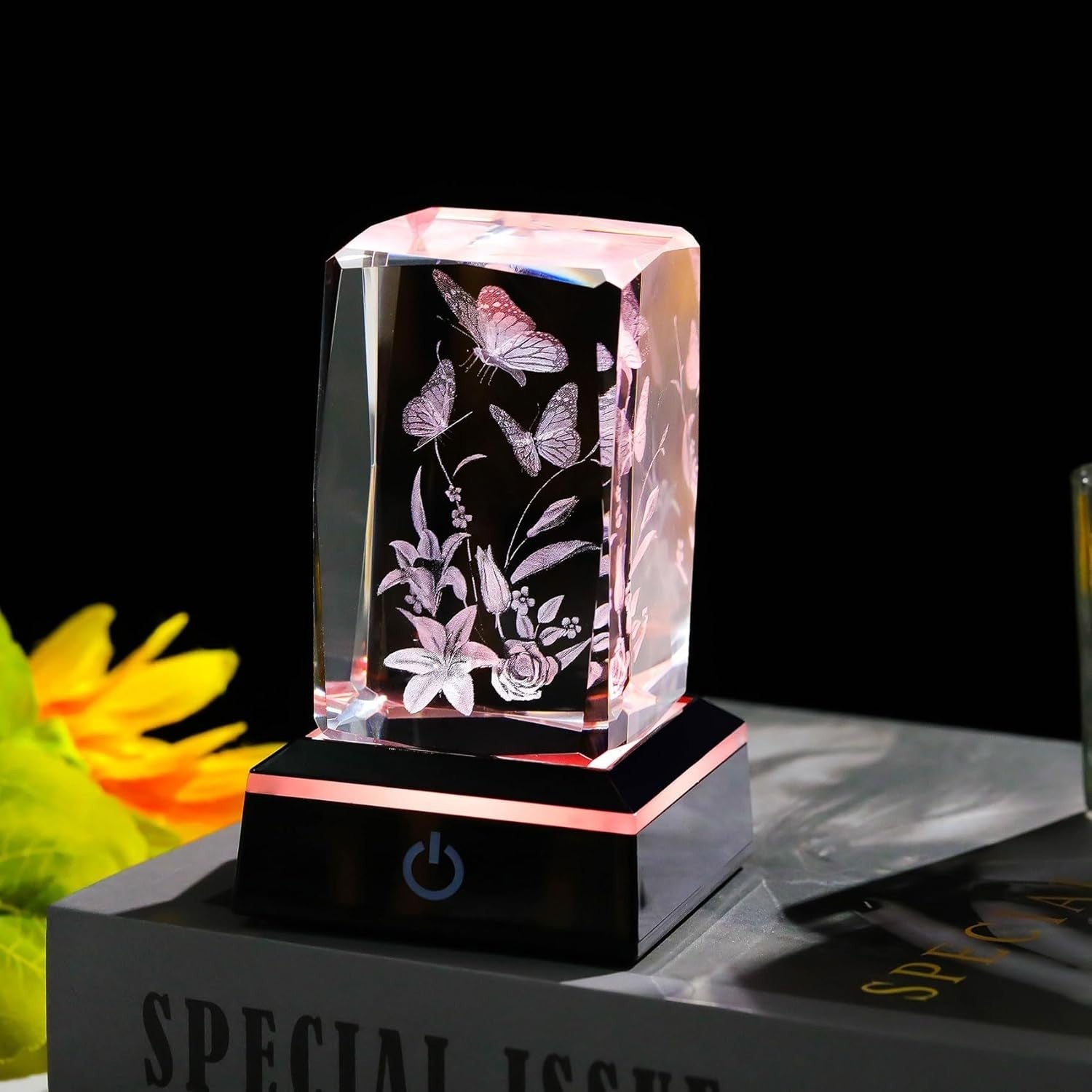 3D Crystal Butterfly & Lily Gift Light Ornament – LED Colour Changing Glass
