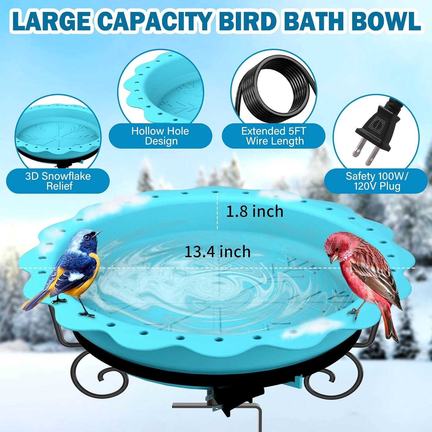 Heated Bird Bath 100W Thermostat Blue Deck Mount Winter Outdoor Water Feeder