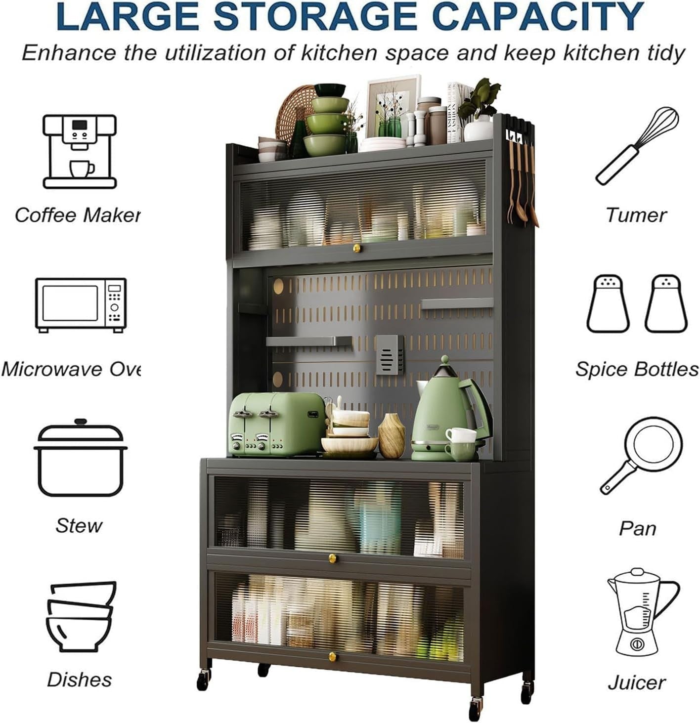 80x36x162cm 5-Tier Black Kitchen Storage Cabinet with Flip Door & Wheels