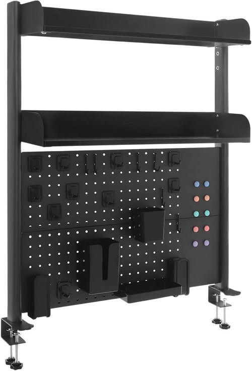 Clamp-On Desk Pegboard 80cm 2-Tier Desktop Organizer Shelf Privacy Panel Black