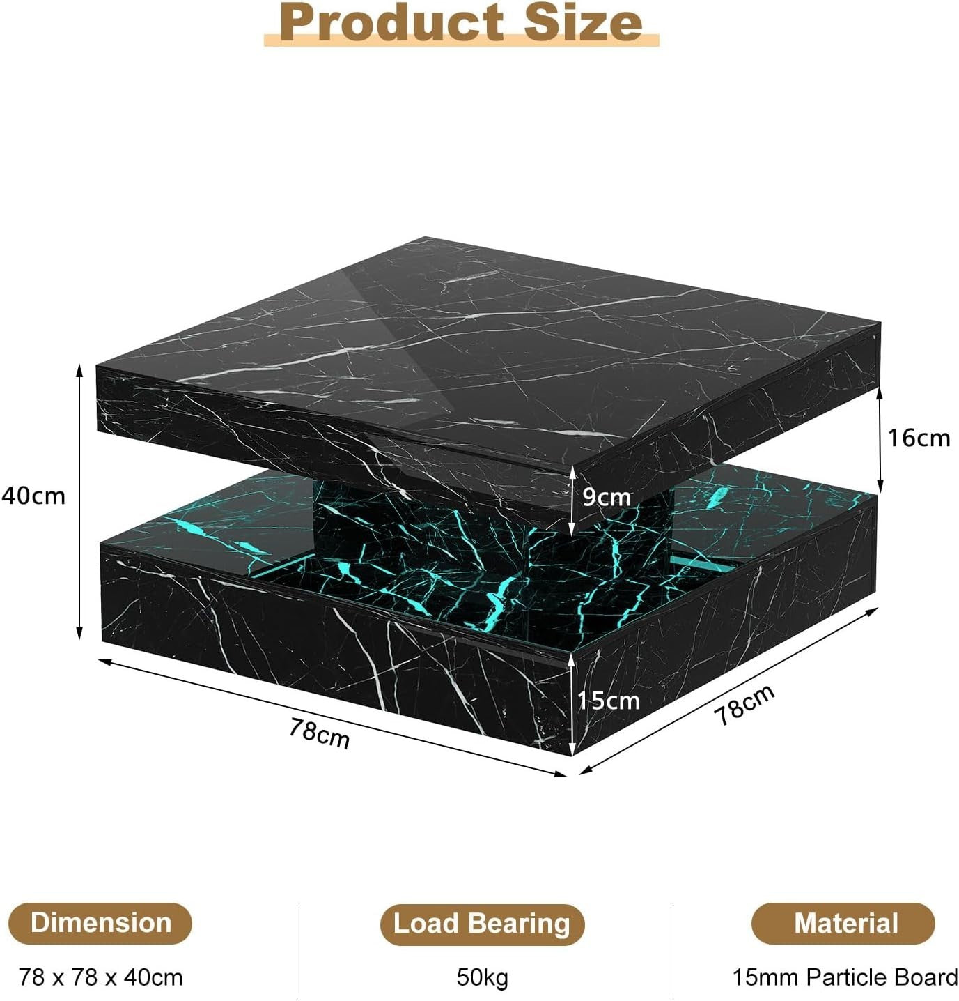 Black Marble LED Coffee Table with Storage, 2-Tier Square 78x78cm