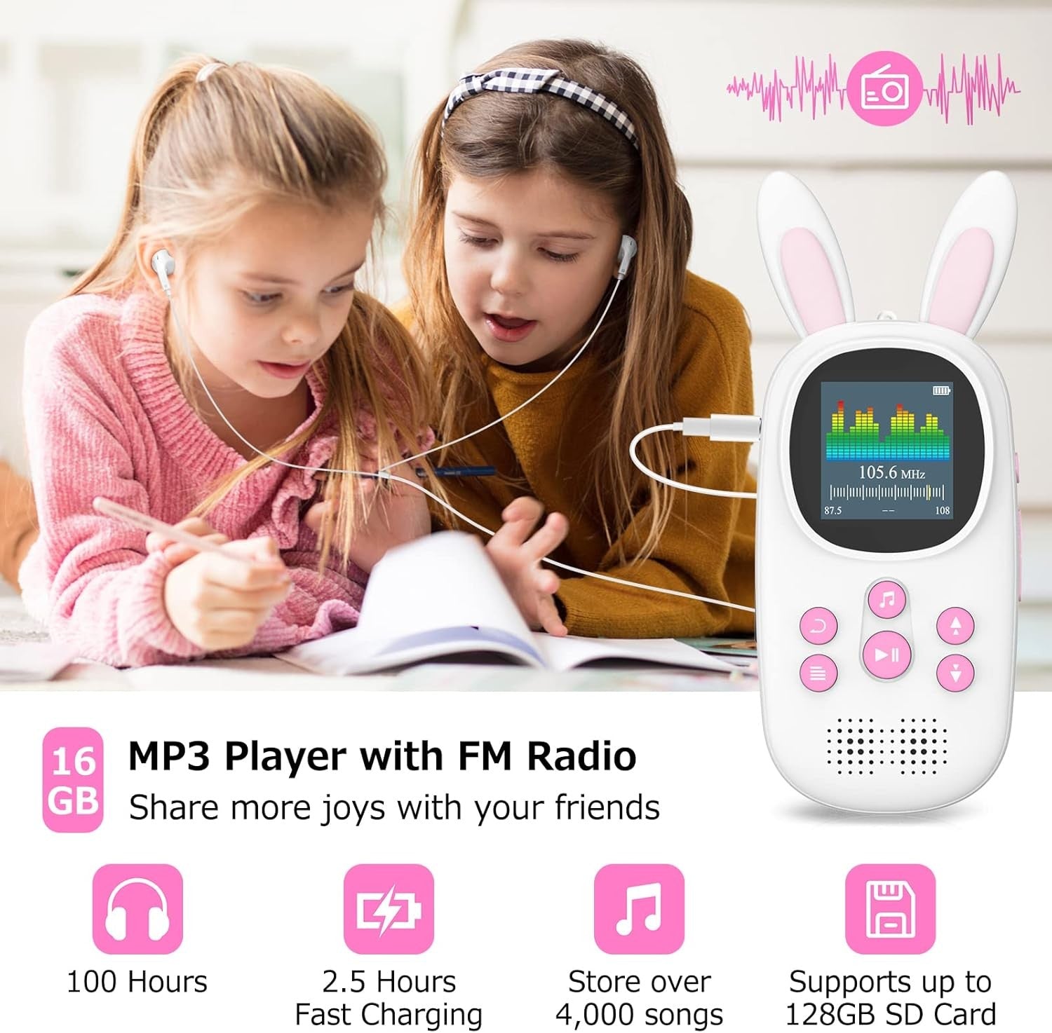 Kids MP3 Player 32GB Bluetooth FM Radio Alarm Pedometer Pink