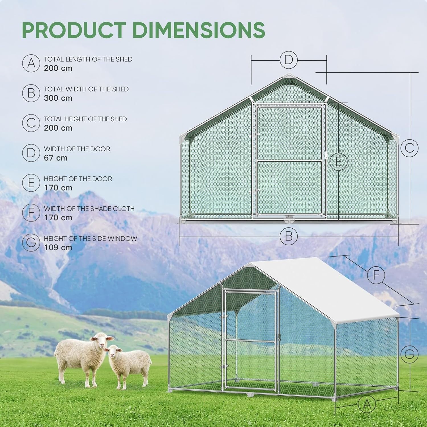 Walk In Chicken Coop 3x2x2m Galvanised Steel Run PE Roof
