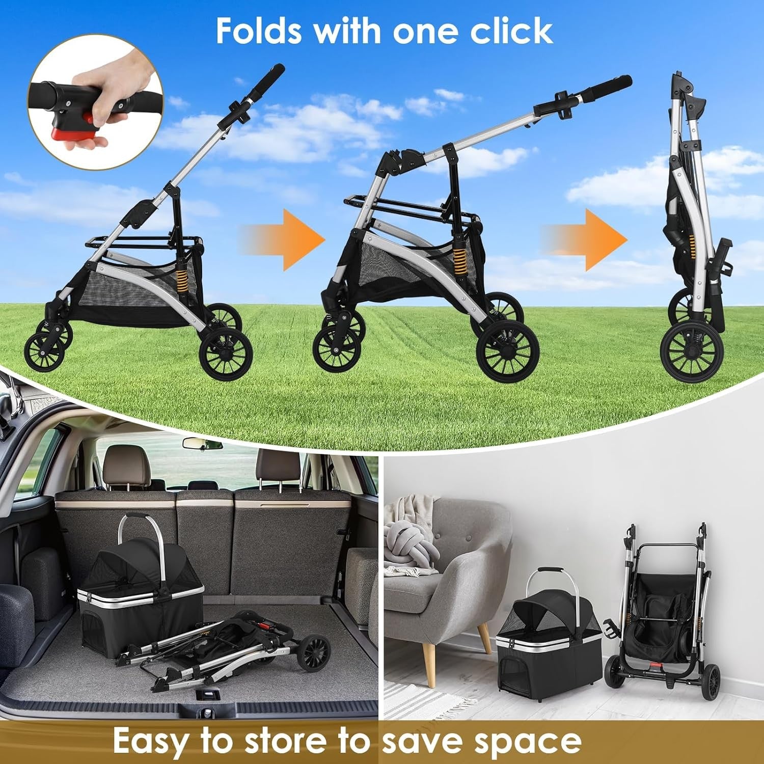 3 in 1 Pet Stroller Folding Dog Cat Pram 360 Wheels Storage Basket Black