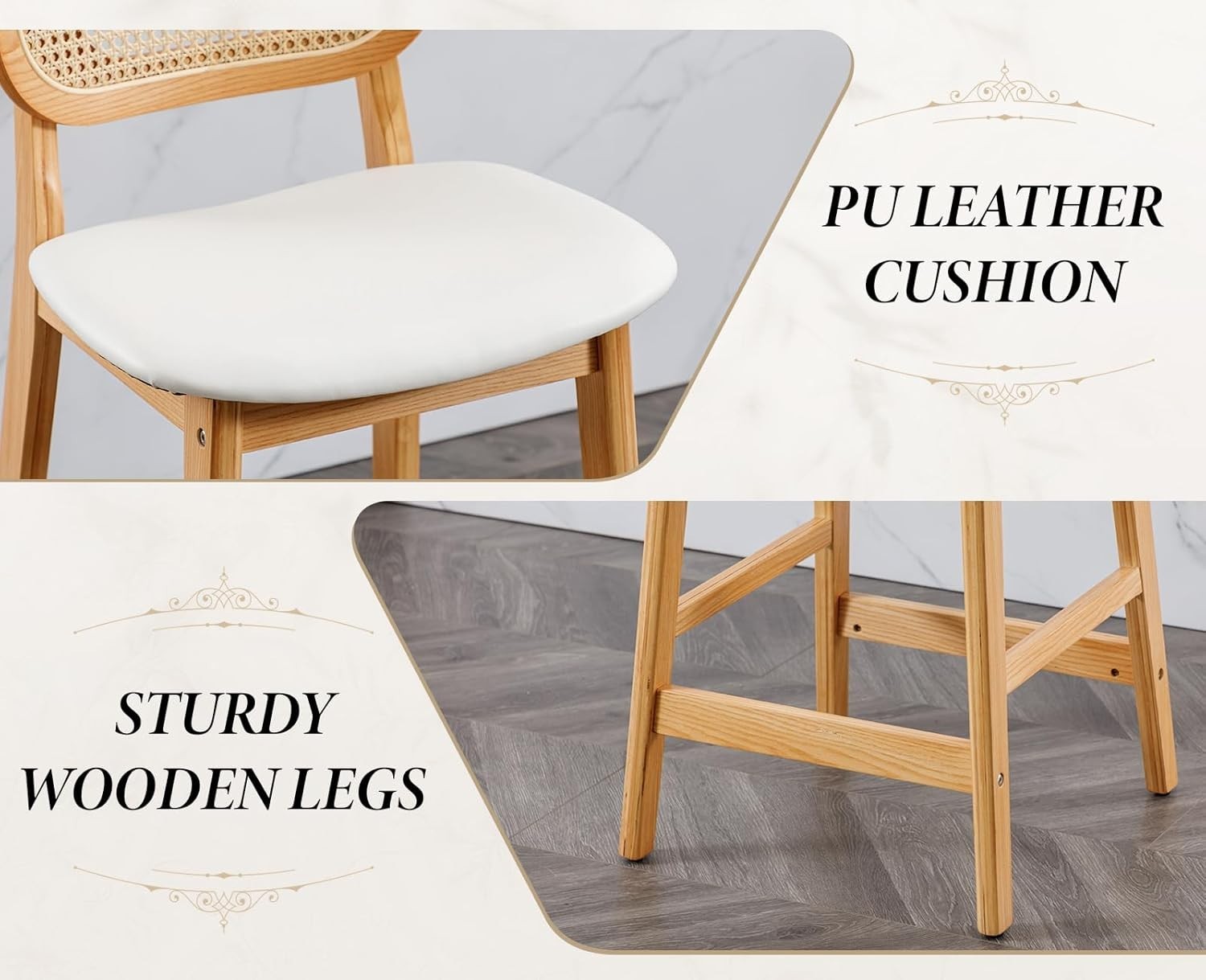 White PU Leather Bar Stool Set 2 – Rattan Backrest High Kitchen Chairs