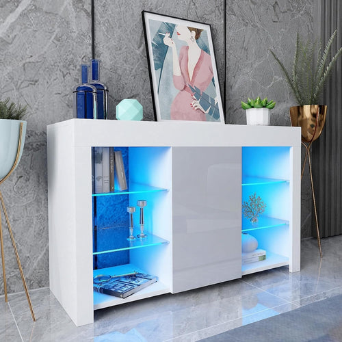 White Gloss Sideboard with Grey Glass Doors & LED Lights | Modern Storage Unit