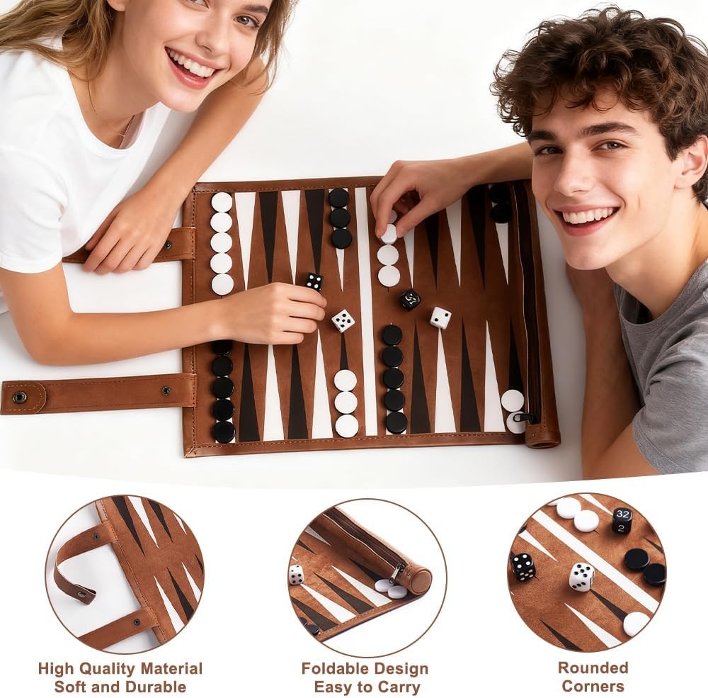 Luxury Leather Backgammon Set Roll Up Travel Board Game Portable